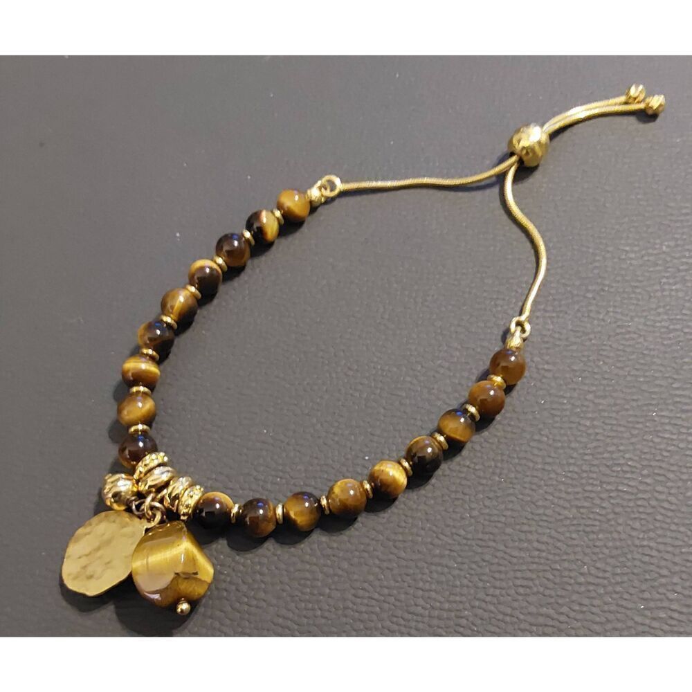 Genuine Tiger Eye Gemstone with Charms Bolo Bracelet~18K YGP